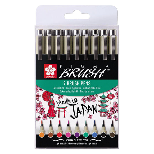 Sakura Pigma Brush Set - Assorted Colours, 9 Pack - Dotgrid