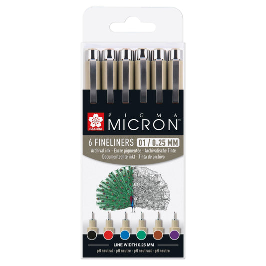 Sakura Pigma Micron 01 Fineliner Pens - Basic Colours, 6 Pack - Dotgrid